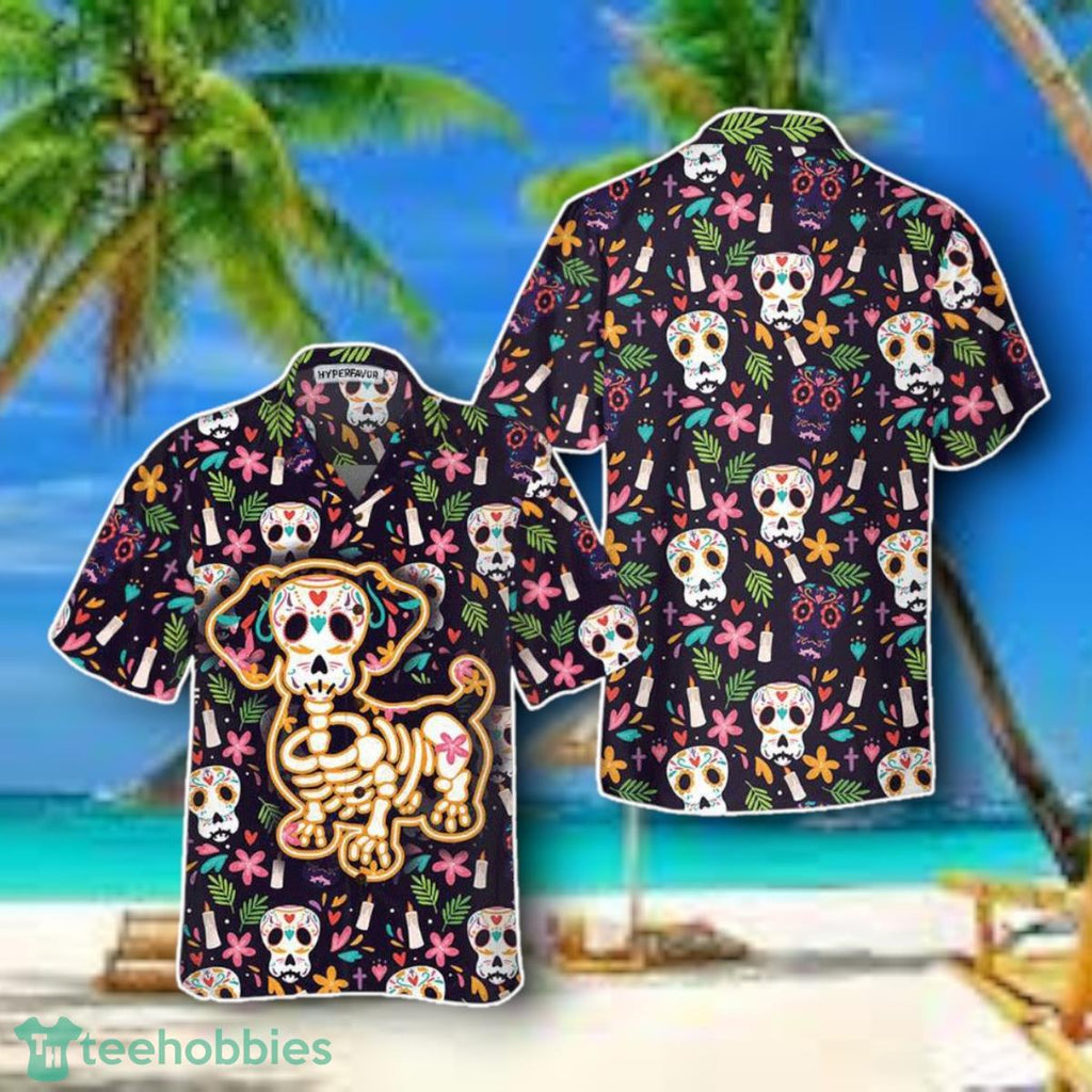 Halloween Gift Bone Skull Dog With Mexico Pattern Hawaiian Shirt Style Gift Hawaii Shirt Men