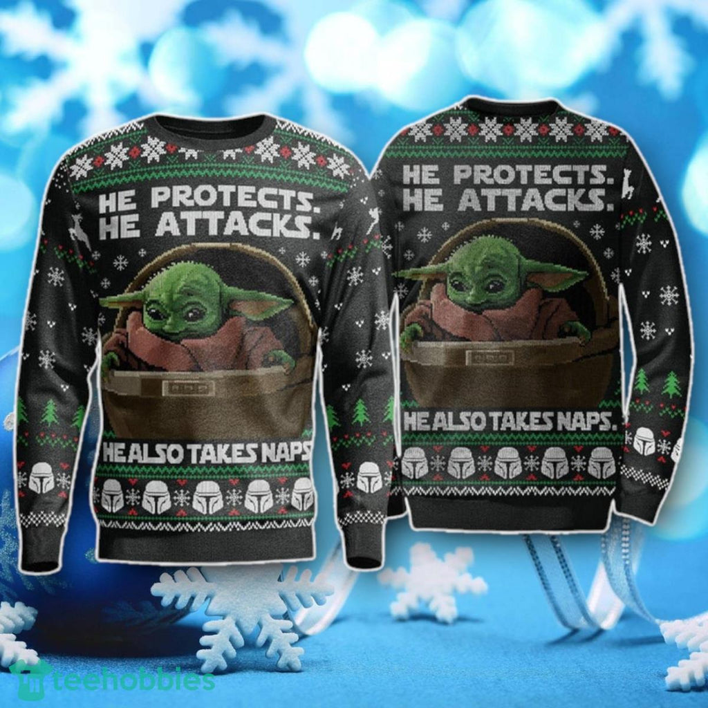 He Protects He Also Take Naps Yoda Ugly Christmas Sweater Unique Gift