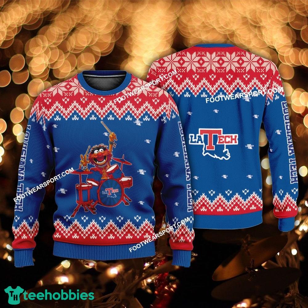 Logo Pattern Muppets Play Drums Louisiana Tech Bulldogs Christmas Sweater AOP For Men Women