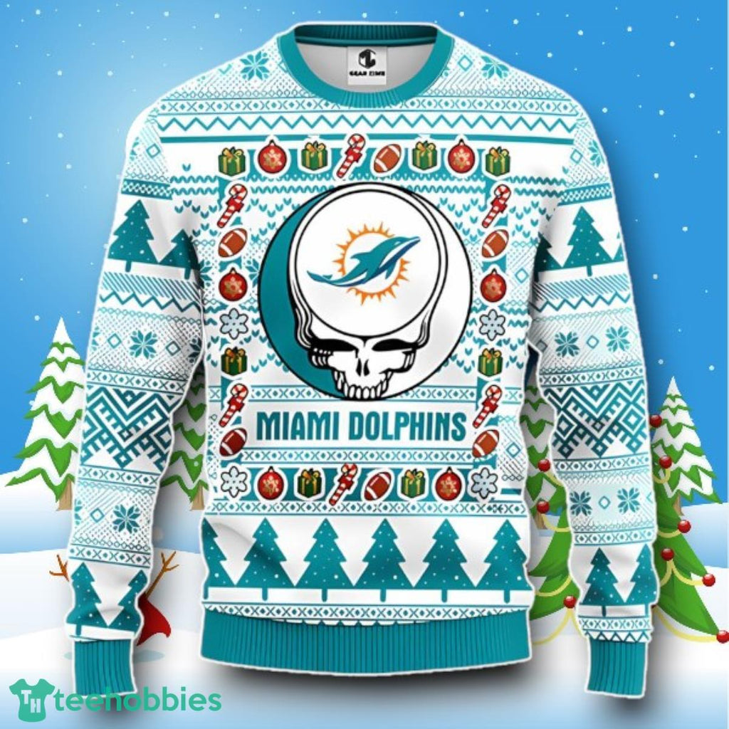 Miami Dolphins Grateful Dead Rock Band Ugly Christmas Sweater Style Gift