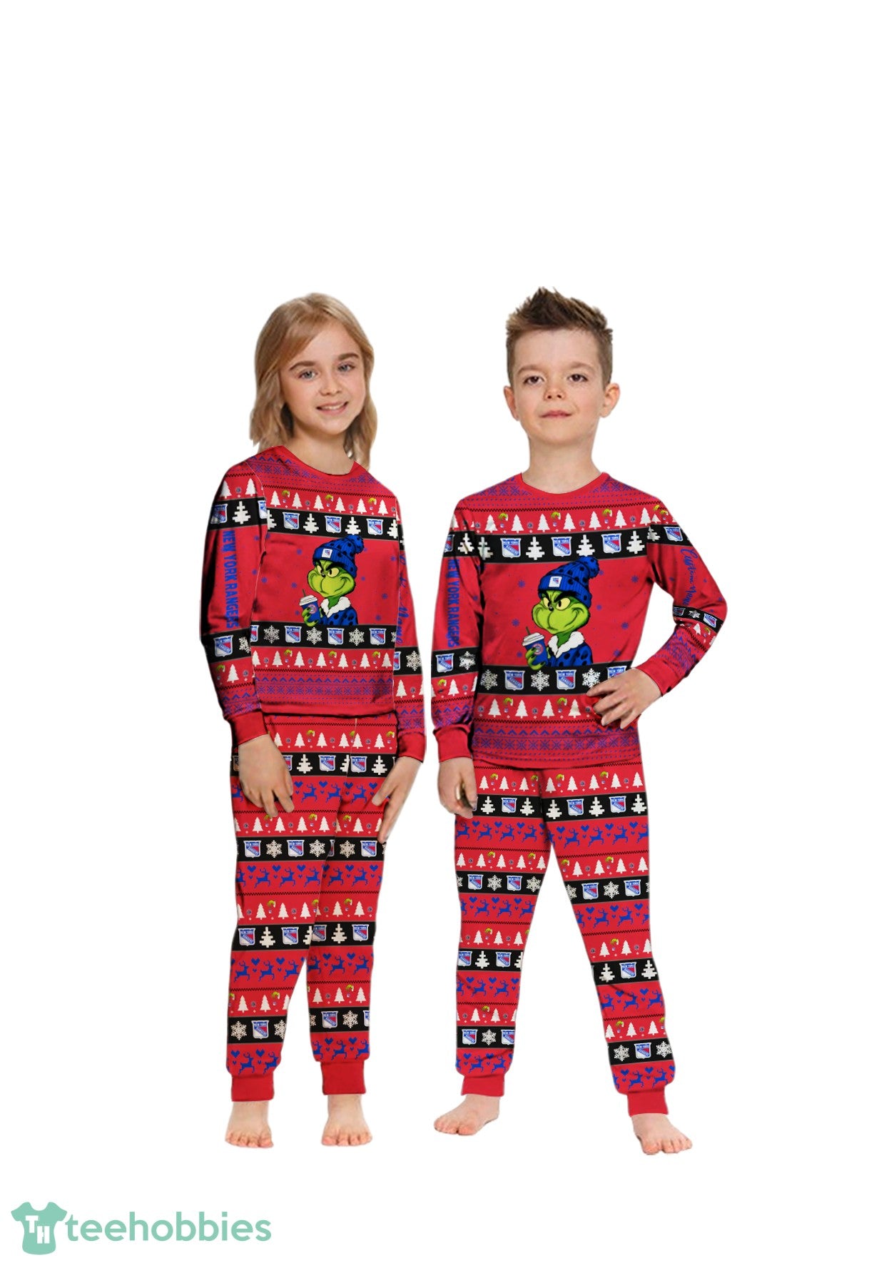 MLB Grinch New York Rangers Custom Name Christmas Knitting Pattern Matching Family Pajamas Set