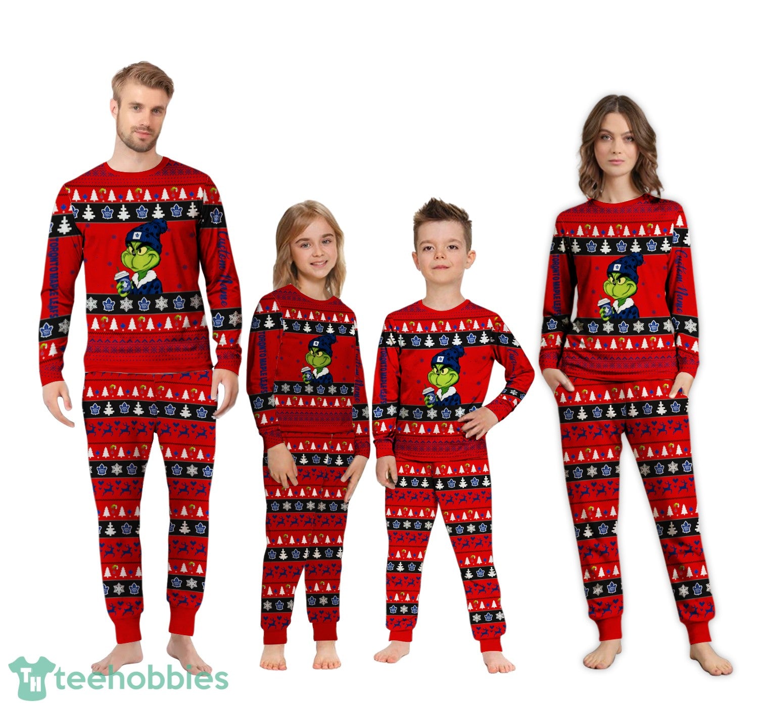 MLB Grinch Toronto Maple Leafs Custom Name Christmas Knitting Pattern Matching Family Pajamas Set