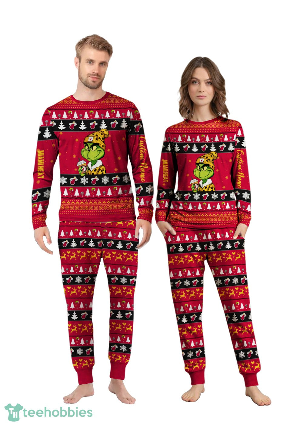 NBA Grinch Miami Heat Custom Name Christmas Knitting Pattern Matching Family Pajamas Set
