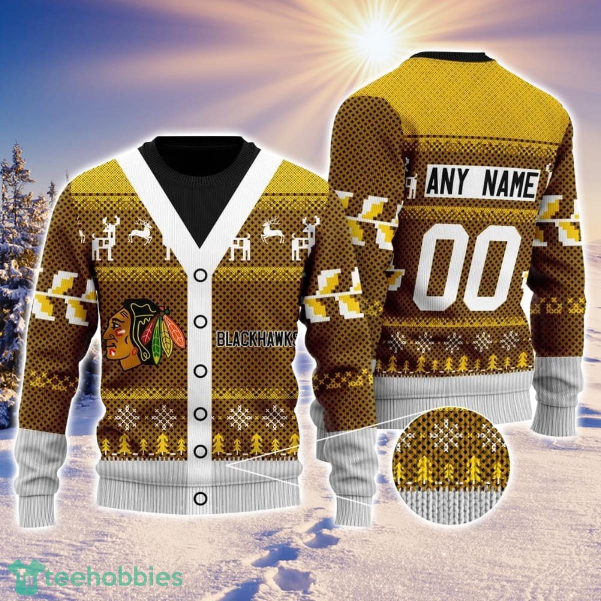 NHL Chicago BlackHawks Personalized Name And Number All Over Print 3D Ugly Christmas Sweater Christmas Gift