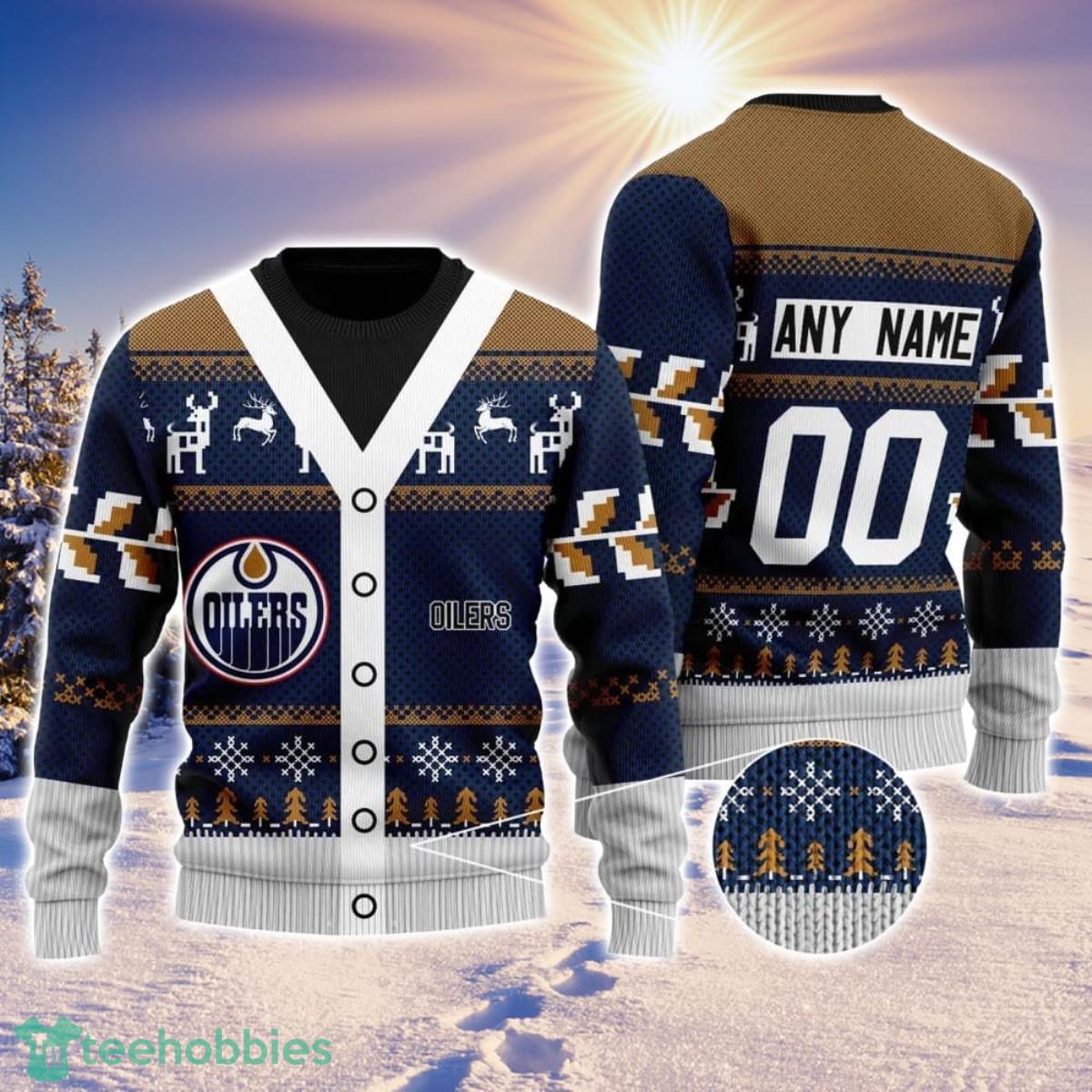NHL Edmonton Oilers Personalized Name And Number All Over Print 3D Ugly Christmas Sweater Christmas Gift