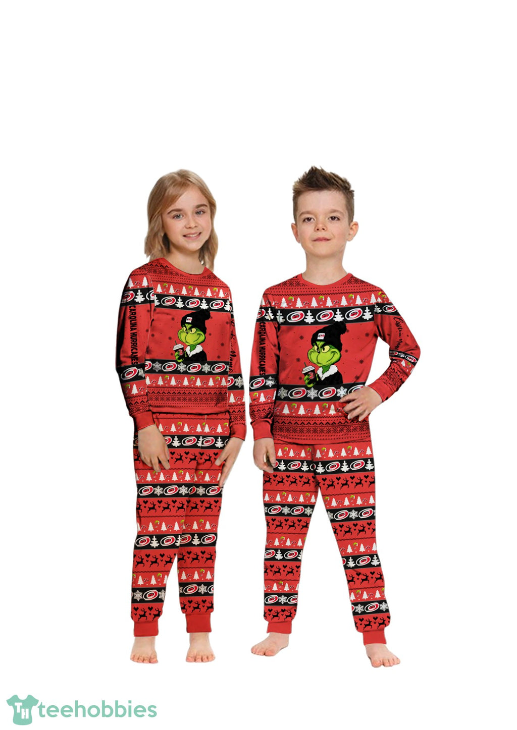 NHL Grinch Carolina Hurricanes Custom Name Christmas Knitting Pattern Matching Family Pajamas Set
