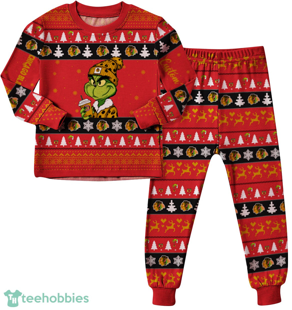 NHL Grinch Chicago Blackhawks Custom Name Christmas Knitting Pattern Matching Family Pajamas Set