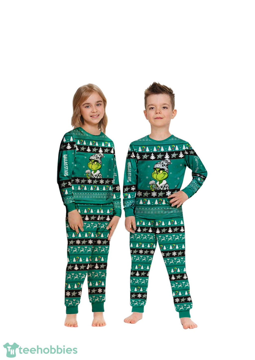 NHL Grinch Dallas Stars Custom Name Christmas Knitting Pattern Matching Family Pajamas Set