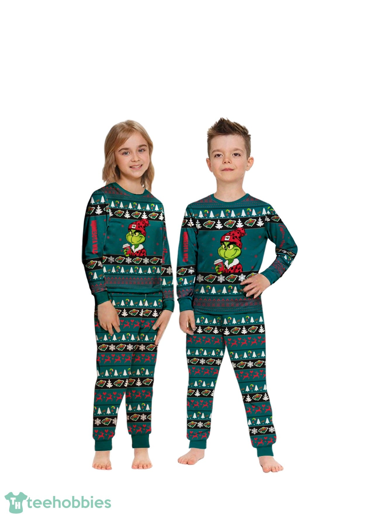 NHL Grinch Minnesota Wild Custom Name Christmas Knitting Pattern Matching Family Pajamas Set