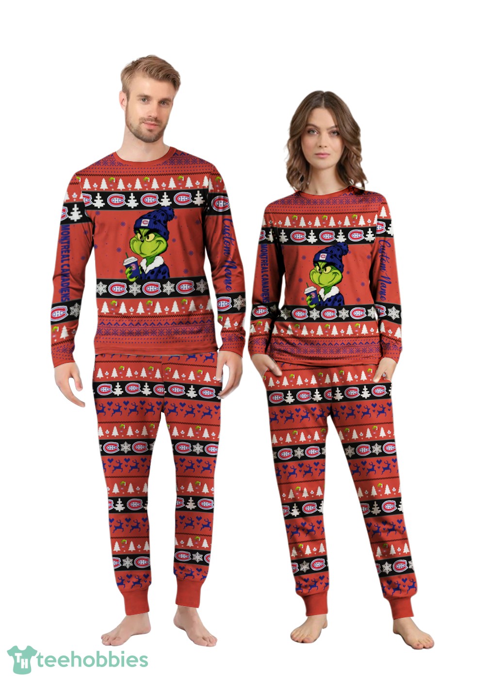 NHL Grinch Montreal Canadiens Custom Name Christmas Knitting Pattern Matching Family Pajamas Set