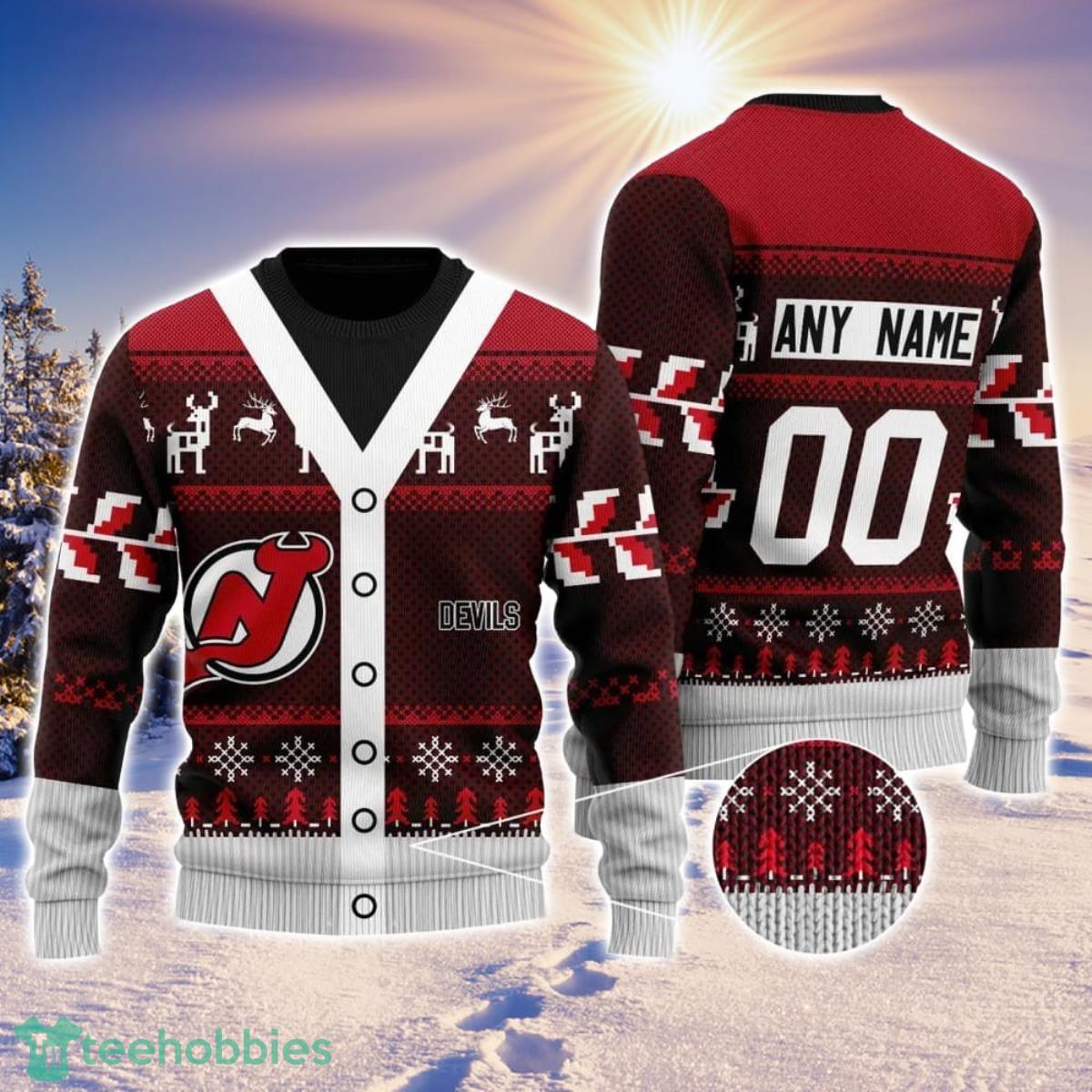NHL New Jersey Devils Personalized Name And Number All Over Print 3D Ugly Christmas Sweater Christmas Gift