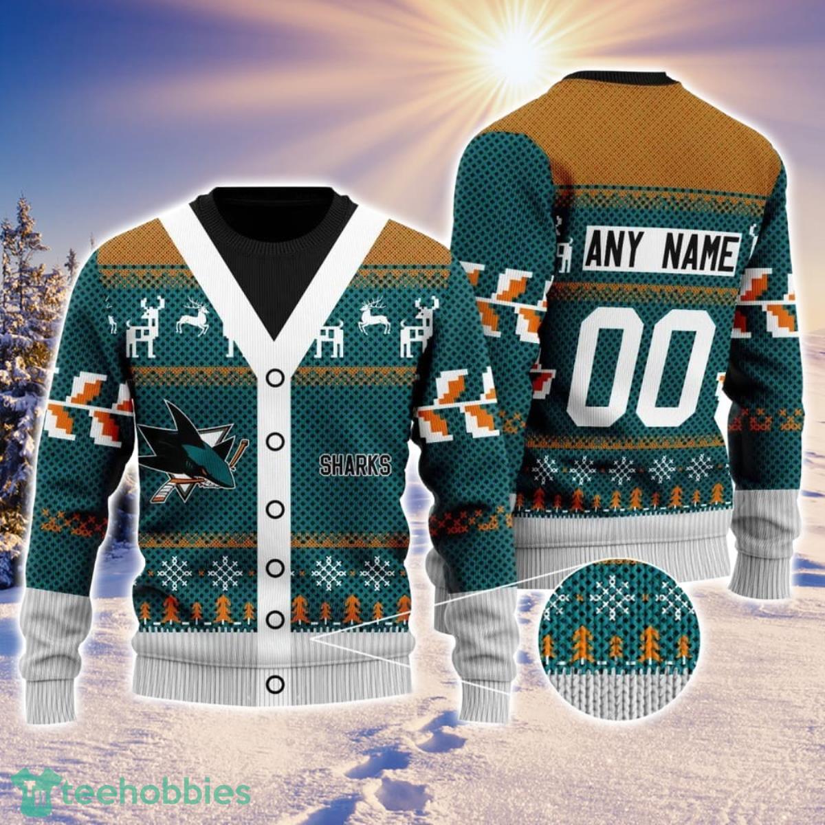 NHL San Jose Sharks Personalized Name And Number All Over Print 3D Ugly Christmas Sweater Christmas Gift