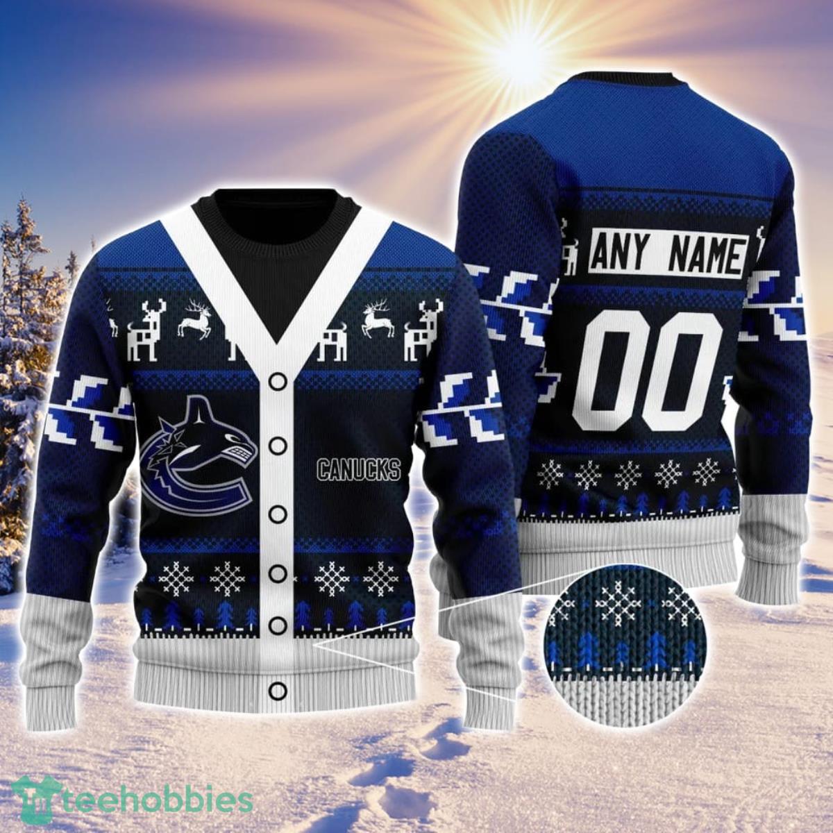 NHL Vancouver Canucks Personalized Name And Number All Over Print 3D Ugly Christmas Sweater Christmas Gift