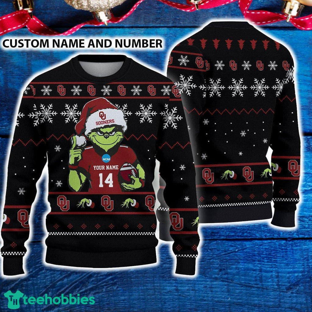 Oklahoma Sooners 3D Ugly Christmas Sweater Grinch Funny Custom Number And Name