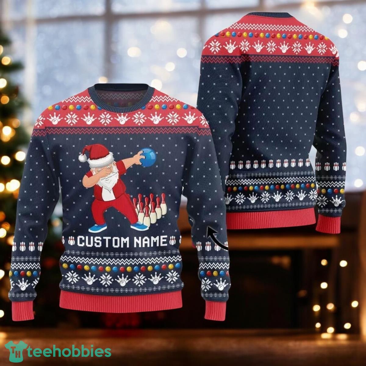 Personalized Dabbing Santa Bowling Christmas Navy Ugly Sweater