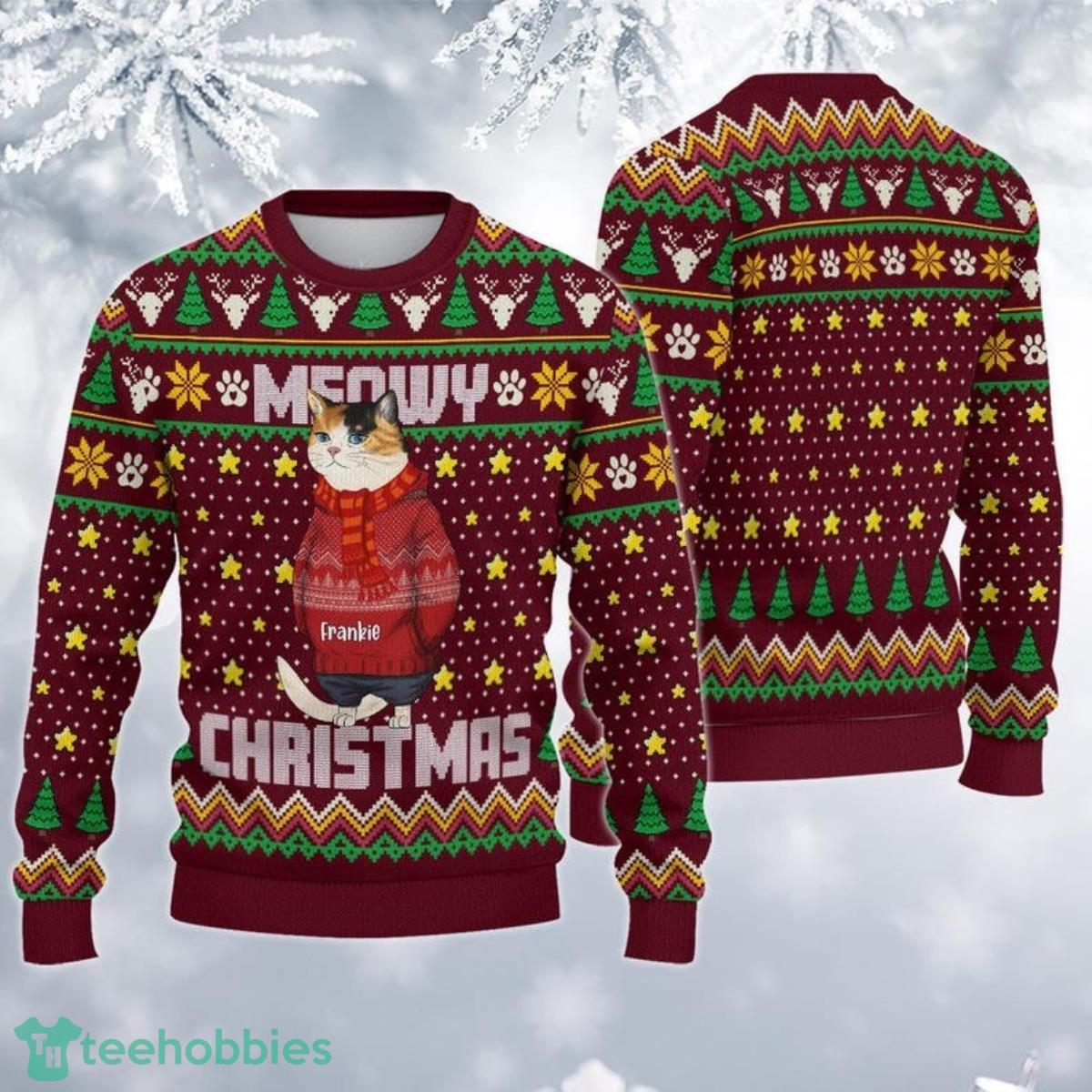 Personalized Name Funny Cat Ugly Sweatshirt Meowy Xmas Ugly Christmas Sweater For Men And Women