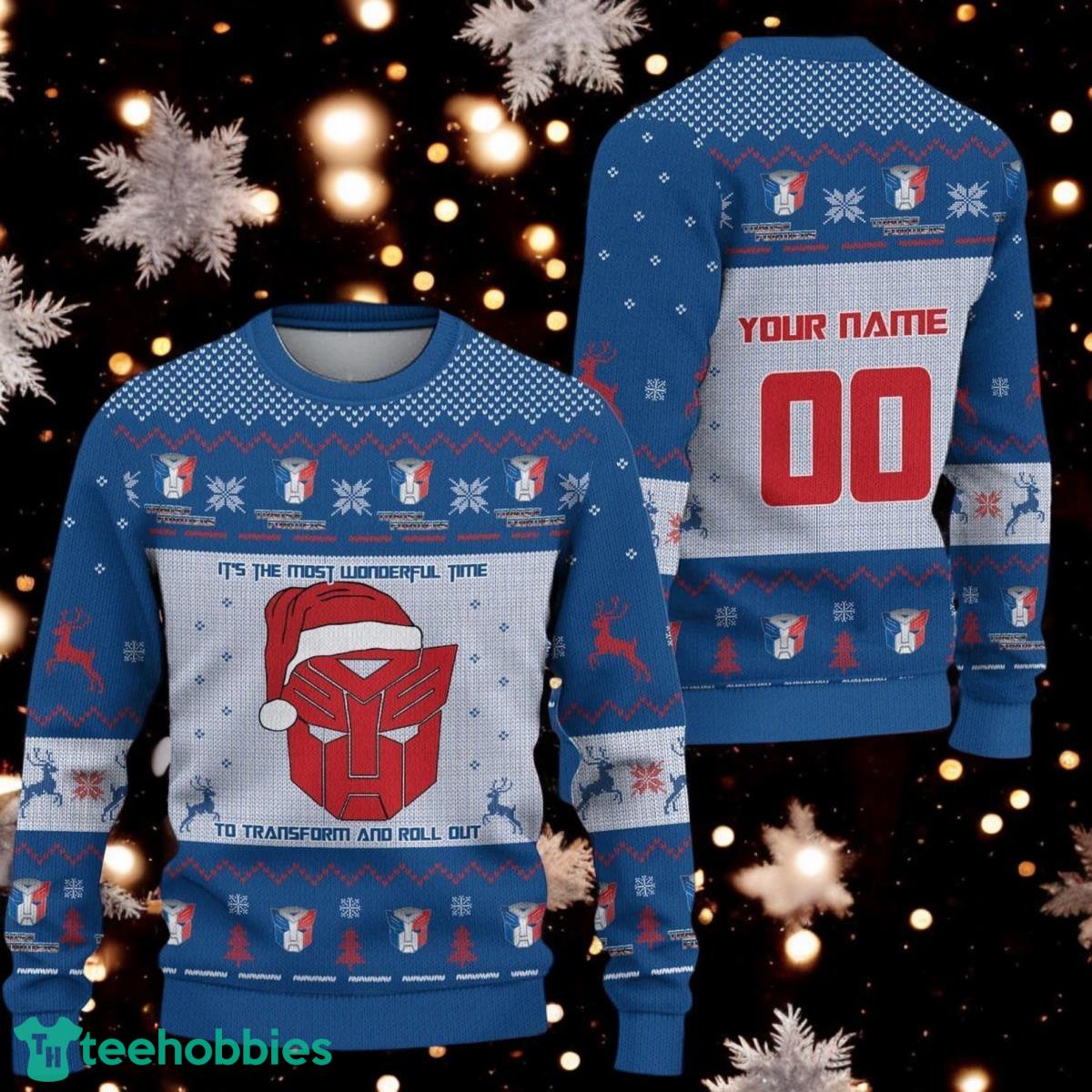 Personalized Name Number Christmas Transformer Ugly Sweater Optimus Prime Xmas Sweater