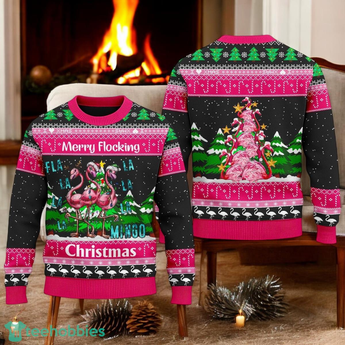 Pink Flamingo Merry Flocking Ugly Sweater Funny Flamingo Christmas Xmas Holiday Sweater