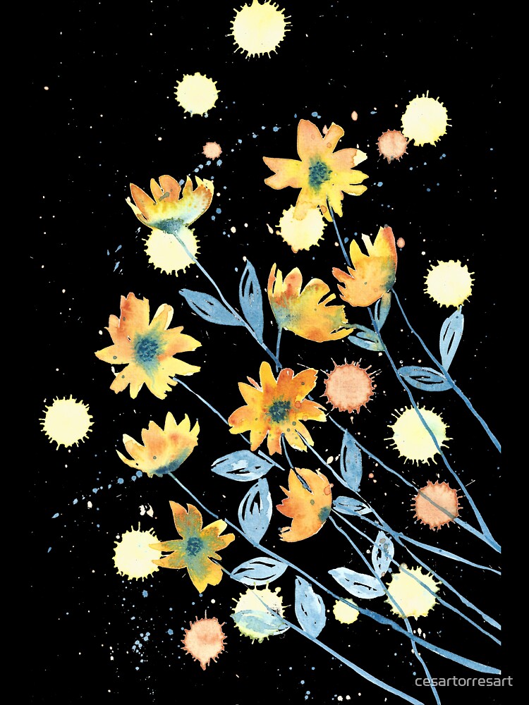Yellow flowers with blue and orange details by cesartorresart