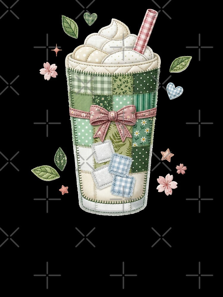 Patchwork Matcha Latte Quilted Green Tea Cottagecore Art by BVDigitalArt
