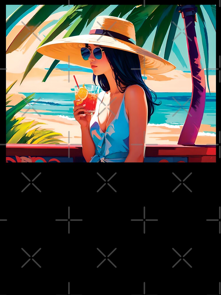 Stylish Vacation Girl In Summer Dress Enjoying Holidays On A Beach Drinking Under A Palm Tree Simplistic Poster by TriniTeeClub