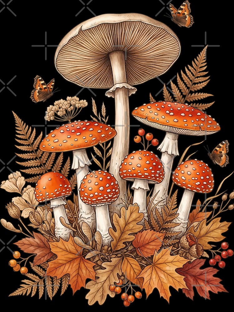 Vintage Amanita Mushrooms & Autumn Leaves | Cottagecore Botanical Art by TANKLI