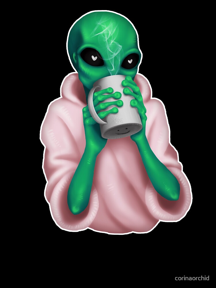 cute alien drinking coffee by corinaorchid Unisex , , , Long Sleeve Tee