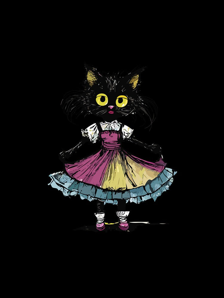 small black cat grumpy with thin legs in a dress by Firas Aljazzar