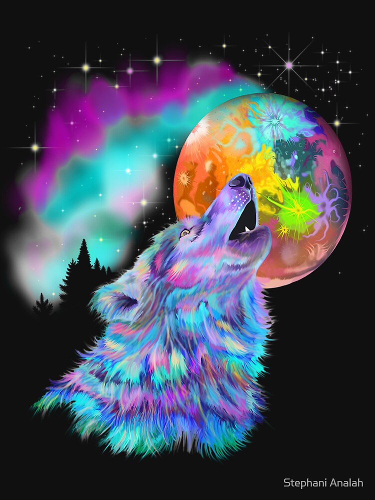 Colorful rainbow wolf howling by Stephani Analah