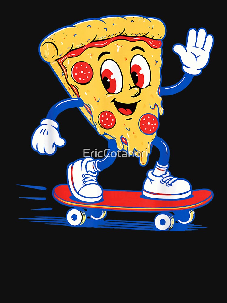 Vintage Rubber Hose Cartoon Pizza Slice Riding Skateboard Fun Food Art by EricCotanori