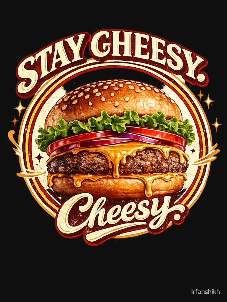 Stay Cheesy: Retro Circular Badge Cheeseburger Vintage Typography by irfanshikh