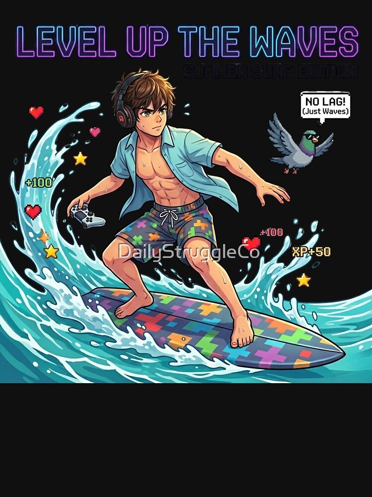 Level Up The Waves – Anime Gamer Surfer with Controller by DailyStruggleCo