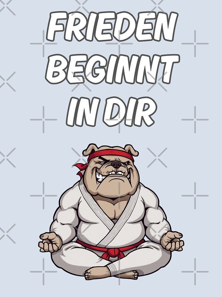 Bulldog in judo uniform finds peace in meditation by Schwefli