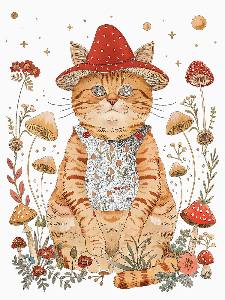 Cottagecore Mushroom Cat T-Shirt – Whimsical Cat in Red Mushroom Hat with Forest Flowers & Stars | Goblincore Aesthetic by Nyx Creates