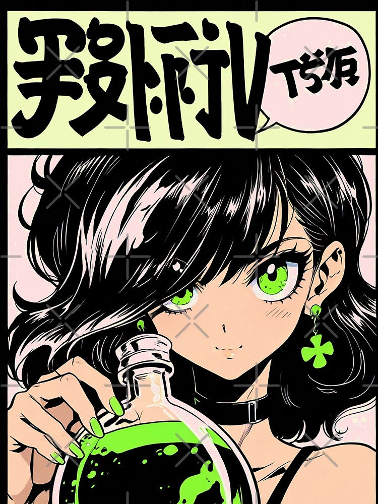 Anime Girl with Green Toxic Potion - Retro 90s Manga Aesthetic by ShadowsInk