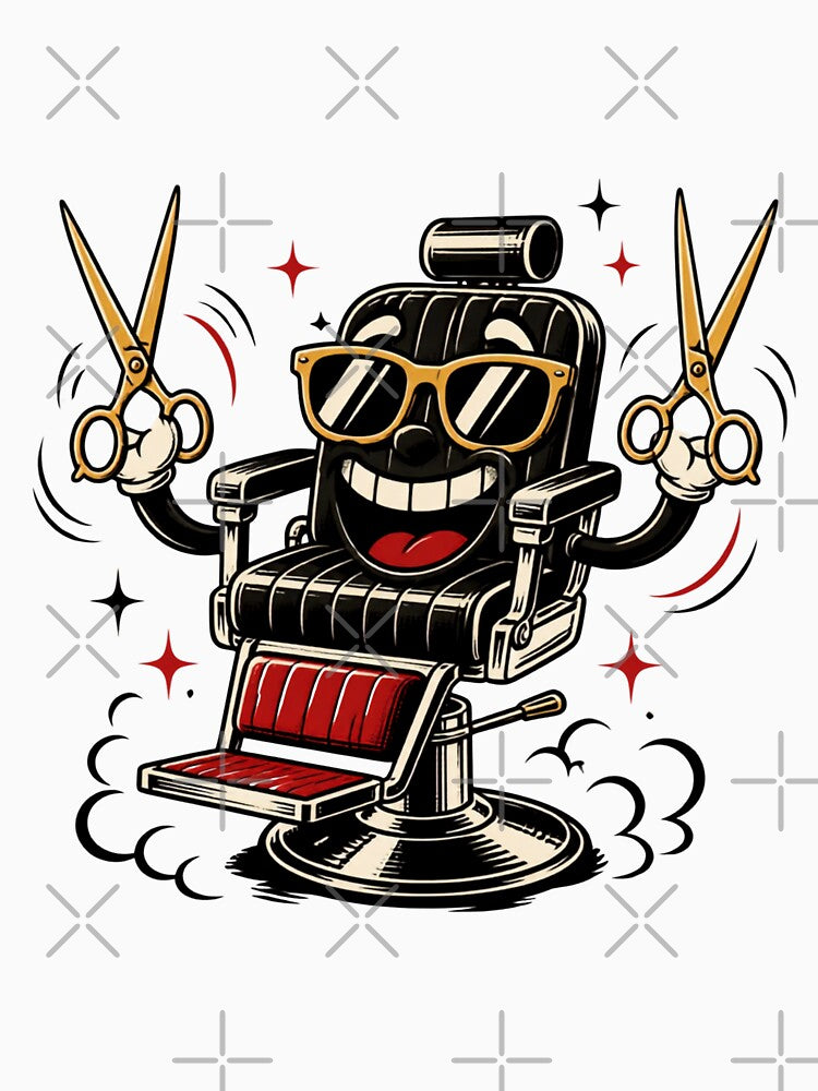 Funny Retro Cartoon Barber Chair with Scissors Design by Barber MD Culture