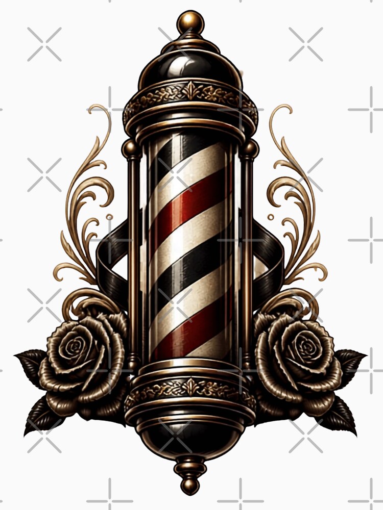 Traditional Barber Pole Tattoo Emblem with Vintage Roses by Barber MD Culture