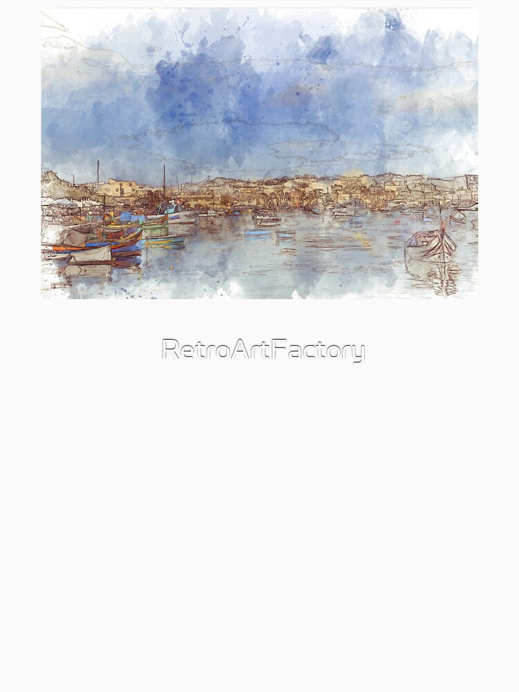 Picturesque Fishing Harbor of Marsaxlokk - Malta - Line and Wash Drawing by Retro Art Factory