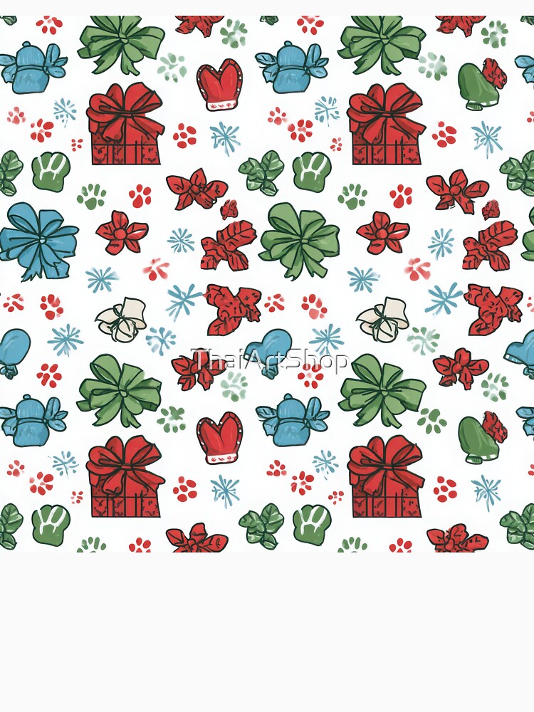 Cute Christmas Gift Wrap Pattern with Bows, Presents, and Mittens – Festive Holiday Design by ThaiArtShop