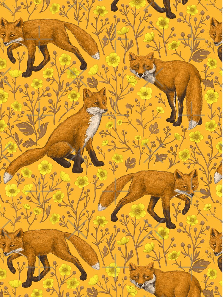 Foxes and buttercups on orange by Katerina Mitkova Kirilova