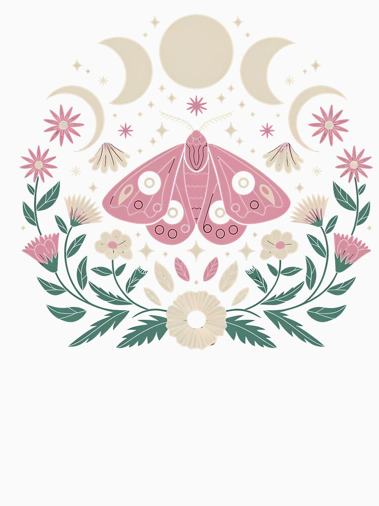 Dark girly pink moth with moon phases  - lunar florals wild flowers composition gothic feminine girlie night celestial by Fantasy Cache