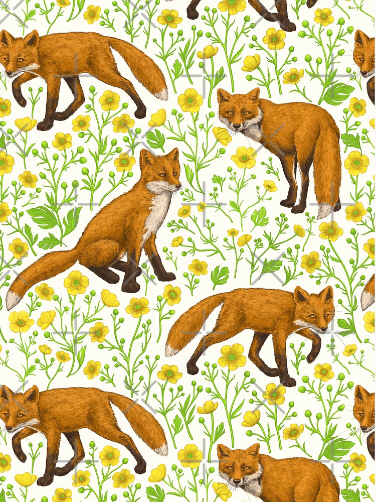 Foxes and buttercups on natural white by Katerina Mitkova Kirilova