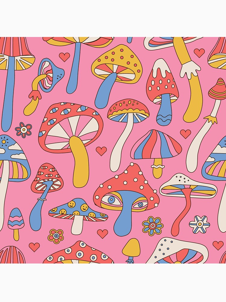 Groovy musroom psychedelic pattern in Pink by ReneMagritteArt