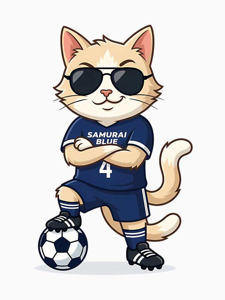 Japan Soccer Cat Cool Pose Samurai Blue Number 4 Cartoon by nolanaygiz Unisex , , , Long Sleeve Tee