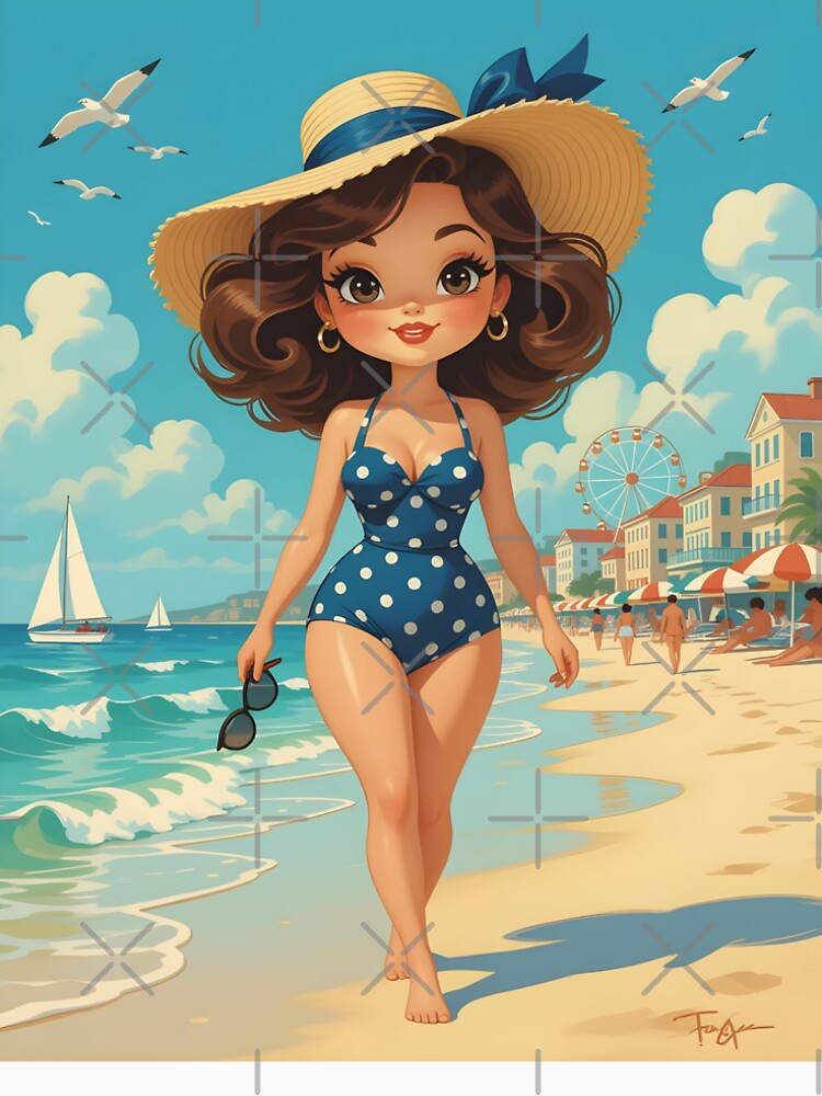 Retro beach scene featuring a stylish woman by Ponted