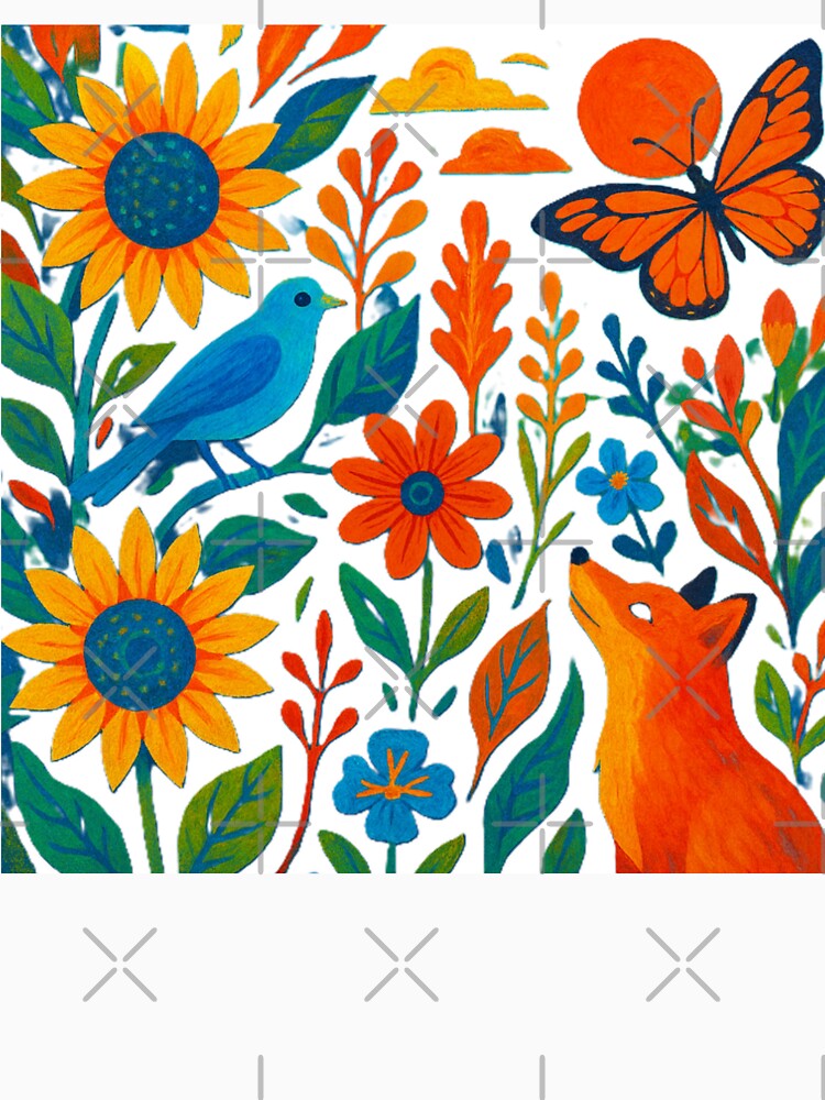 Whimsical Folk Art Woodland Fox and Bluebird Meadow by Nexus Space