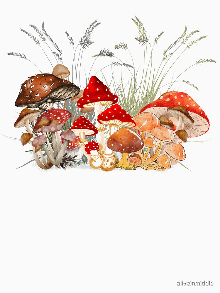 Mushrooms - Cottagecore style - black background by aliveinmiddle