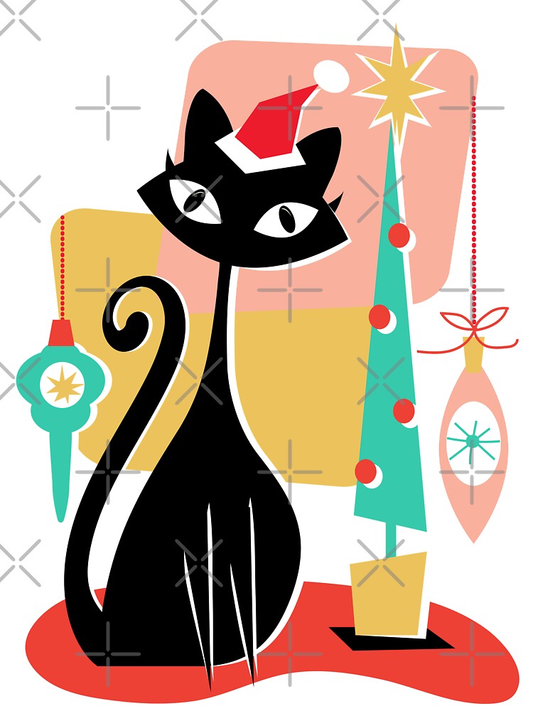 Vintage retro MCM Mid Century modern with black kitty cat and festive Tree and ornaments by Jdawnink