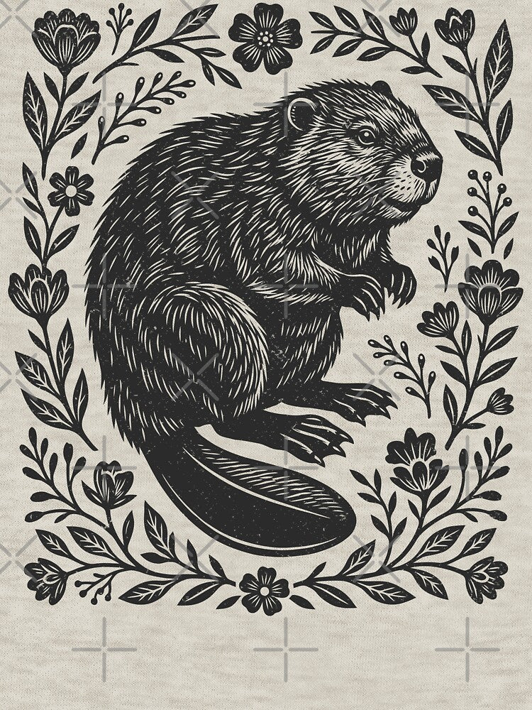 Beaver Linocut Style Floral Woodland Cottagecore by Y-Vibes
