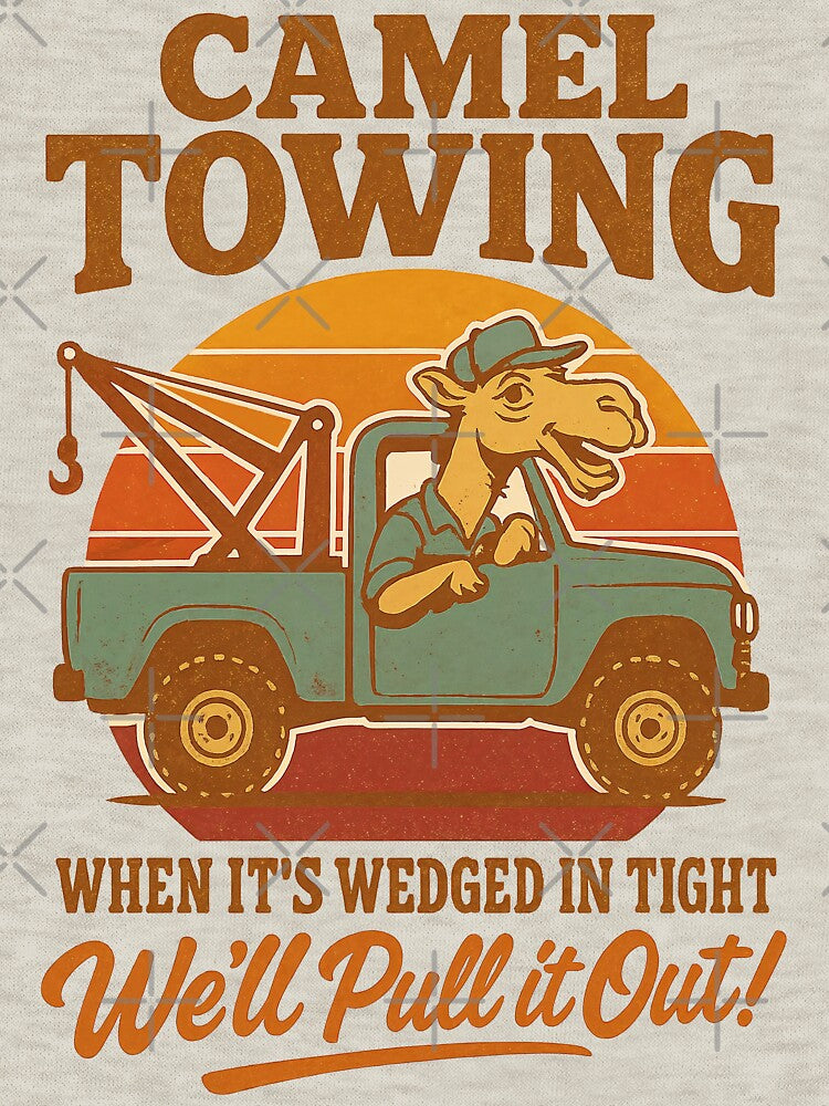 Camel Towing – Funny Retro Pun Tow Truck Humor Design by Victor Shadehorn